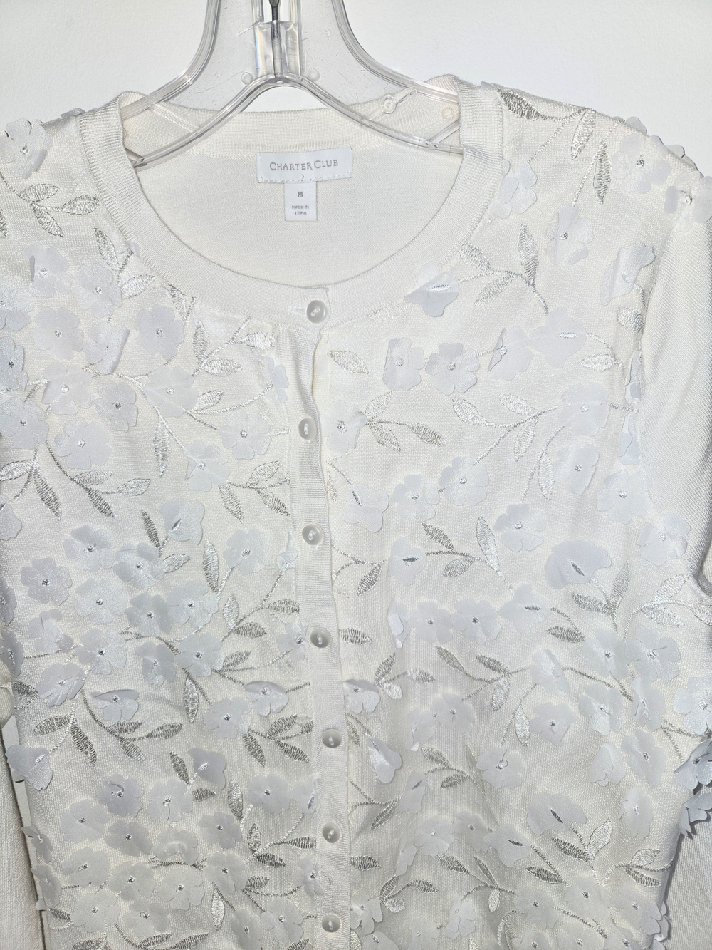 Carter Club Cream 3D Floral Applique Whimsical Cardigan, Ethereal Womens Size M - Picture 3 of 9